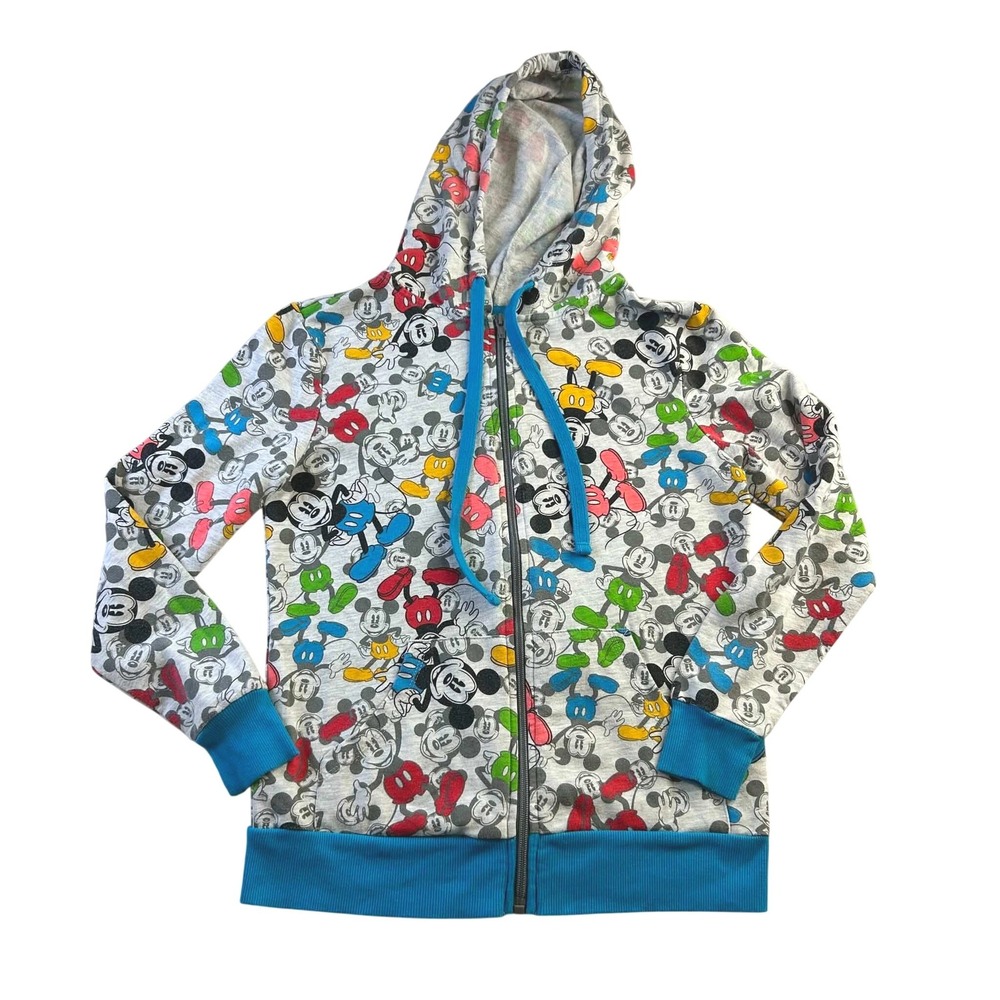 Disney Parks Mickey Mouse All Over Print Full Zip Hoodie Gray Blue Womens XS
